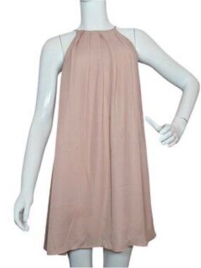 Women’s Everly Pleated Halter Blush Pink Keyhole Neutral Mini Dress Tunic